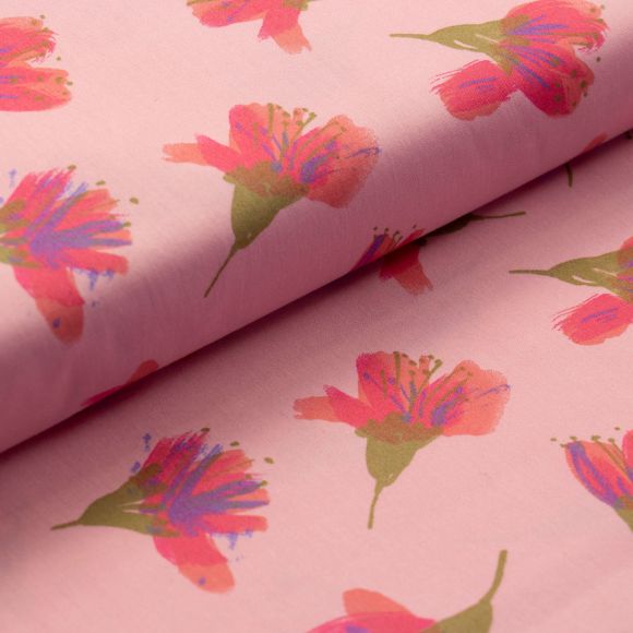 Popeline de coton "Transformation - fleurs à l'aquarelle" (rose chaud-pink/olive) de Rico Design