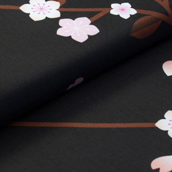90 cm Coupon // Canvas Baumwolle "Sakura Kirschblütenzweige" (schwarz-braun/rosa) von Rico Design