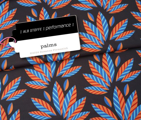 Maille sport Trevira Bioactive "Performance - Palm black" (noir-orange/bleu/rouge) de ALBSTOFFE