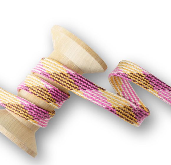 Cordon plat coton bio “Twist ME- Plaid” 15 mm - pièce à 1 m (rose-jaune/brun)