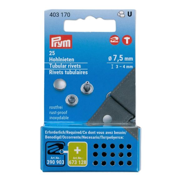 PRYM Hohlnieten Ø 7.5 mm, Klemmbereich 3-4 mm - Pack à 25 Stück (silber) 403170