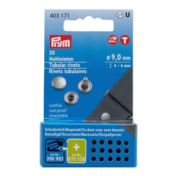 PRYM Rivets tubulaires Ø 9 mm, plage de serrage 4-6 mm - paquet à 20 pièces (argenté) 403171