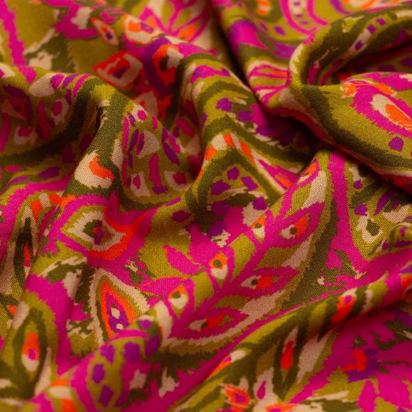 Tissu en viscose "Paisley" (olive-pink/orange)