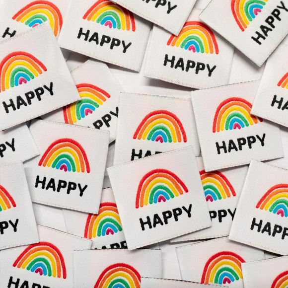 Weblabel/Stoffetiketten "Happy/Regenbogen" - Pack à 5 Stk. (weiss-bunt) von ikatee