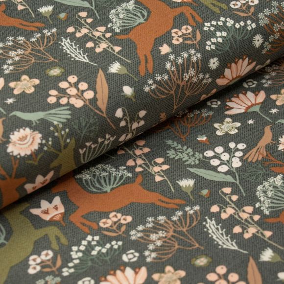 Coton "Botanist-Woodlandia Charcoal" (gris foncé-olive/cannelle) de ART GALLERY FABRICS
