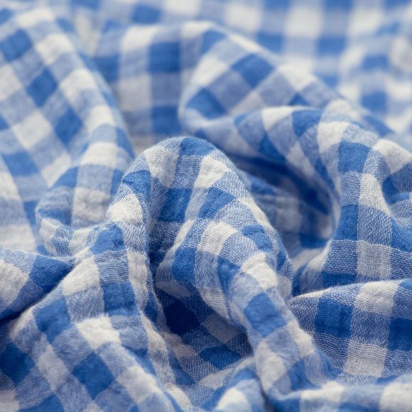 Double Gauze Baumwolle "Karo - Doubleface Vichy/Uni" (blau/offwhite)