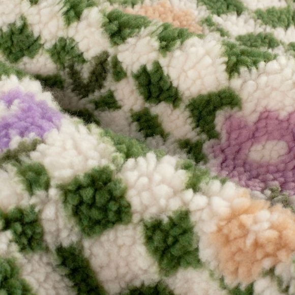 Teddyplüsch "Karos/Blumen" (offwhite-grün/violett/rosa)