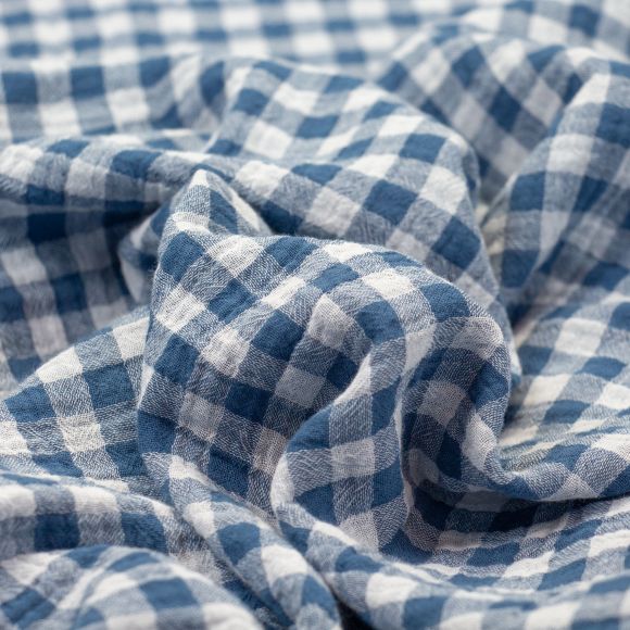 Double Gauze Baumwolle "Karo - Doubleface Vichy/Uni" (jeansblau/offwhite)
