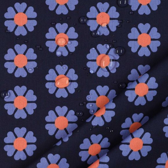 Wachstuch - Baumwolle beschichtet "Retro Blumen" (dunkelblau-lila/lachs)