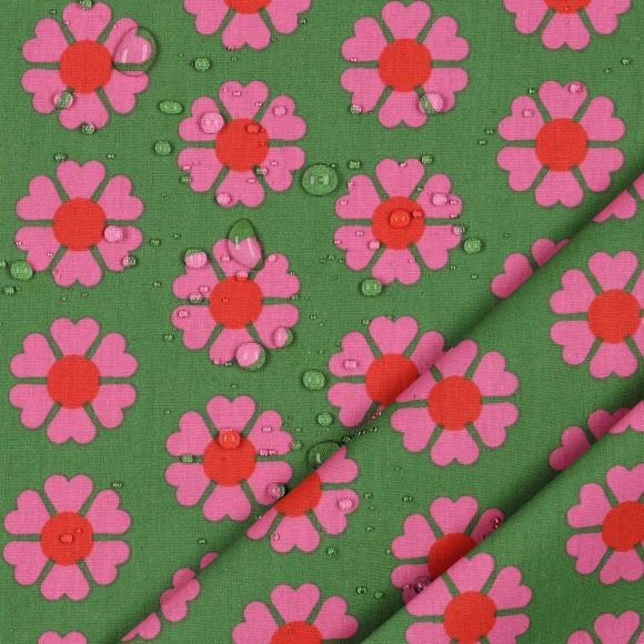 Wachstuch - Baumwolle beschichtet "Retro Blumen" (grün-pink/rot)
