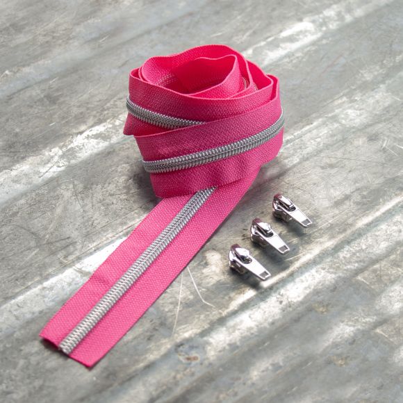 Reissverschluss & Zipper "Metallic Look" im  Set (pink/silber)