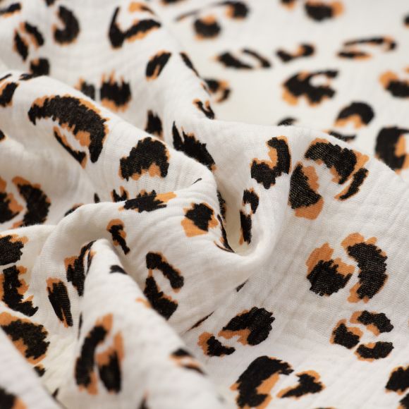 1 m Coupon // Double Gauze Baumwolle "Leopard" (ecru-schwarz/orangebraun)