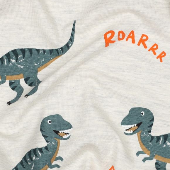 Jersey Baumwolle "Dinosaurier/Roarrr" (ecru meliert-petrol/orange)