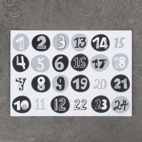 Chiffres pour calendrier de l'avent - stickers "PICA" 1-24 de KREANDO (noir/blanc/gris clair)