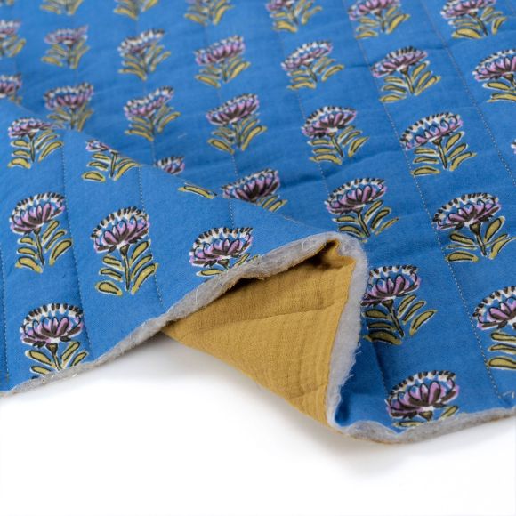 Double Gauze Stepper Baumwolle - wattiert "Blumen/Disteln" (blau-hellgrün/lila/braun)