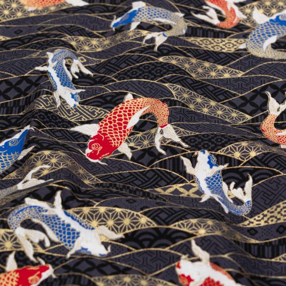 Coton "Japon - Koi" (anthracite-doré/rouge/bleu)