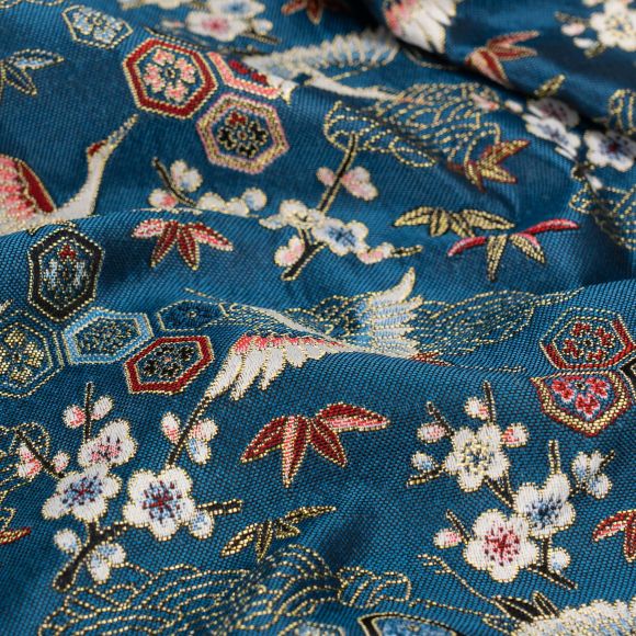 Dekostoff Jacquard Luxe "Kranich" (blau/offwhite/rot)