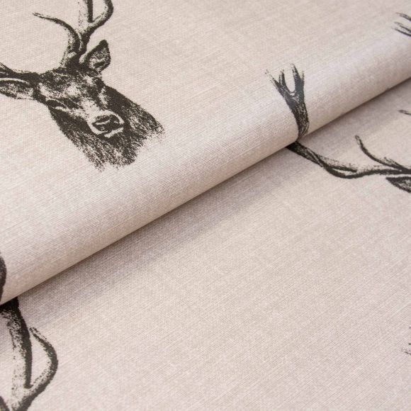Canevas de coton - enduit "Aspect lin - Stags/cerf" (nature/gris-brun noir) de Fryett’s Fabrics