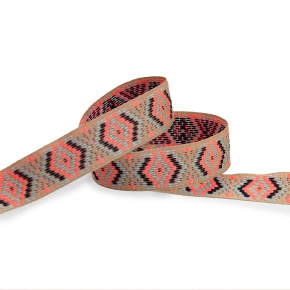 Webband "Jacquard Ajuru" 30 mm (dunkelbeige-hellgrau/schwarz/neonpink)