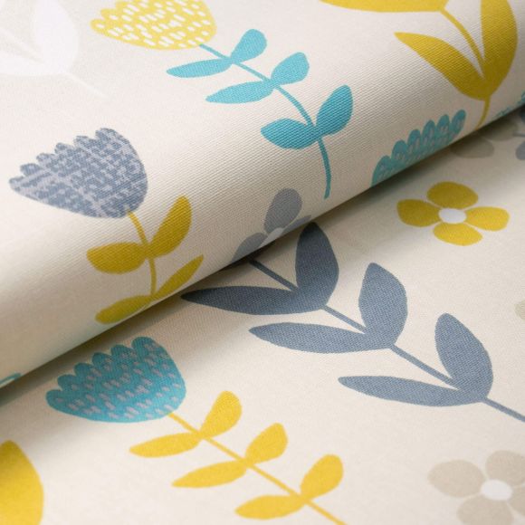 Canvas Baumwolle "Annika/Retro Blumen" (creme-gelb/blaugrau) von Fryett's Fabrics