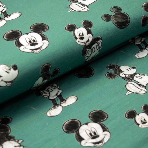 Jersey coton "Disney/Micky Mouse" (pétrole clair-blanc/noir)