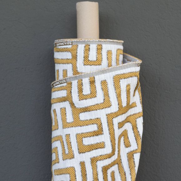 Tissu de décoration jacquard "Ethno/labyrinthe" (blanc-jaune moutarde)