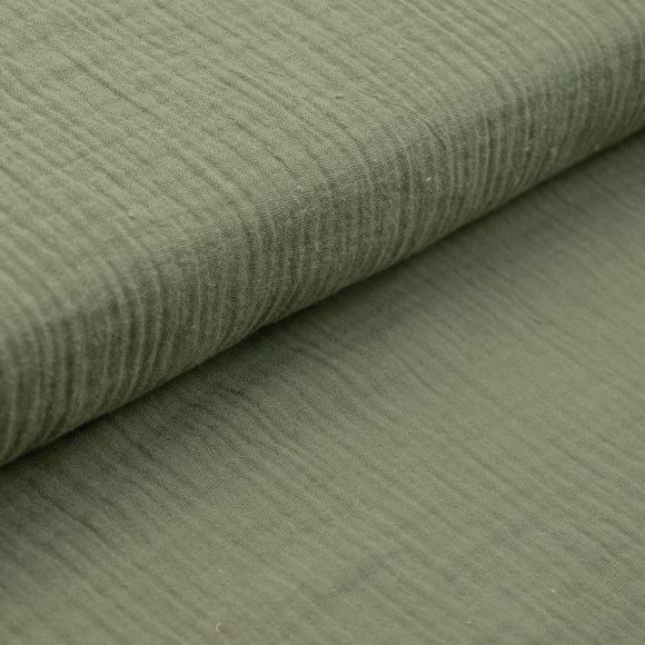 Double Gauze Bio-Baumwolle Musselin in Olivgrün, mit leichter Knitterstruktur, ideal zum Nähen geeignet