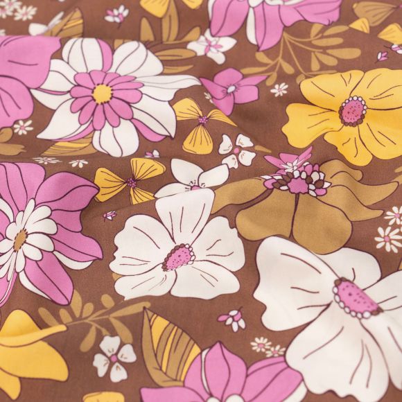 Popeline Baumwolle "Retro Maxiblumen" (braun-hellpink/offwhite)