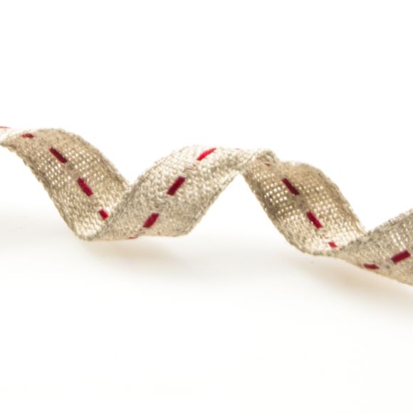 Ruban en lin - avec fil décoratif 10 mm (nature-rouge)