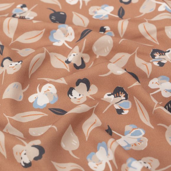 Tissu viscose "Falling leaves/feuilles" (brun clair-beige/bleu/anthracite)