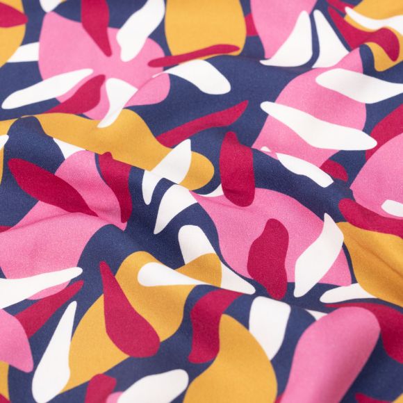 Viscose "Abstrait/Fleurs" (bleu foncé-pink/blanc/jaune moutarde)