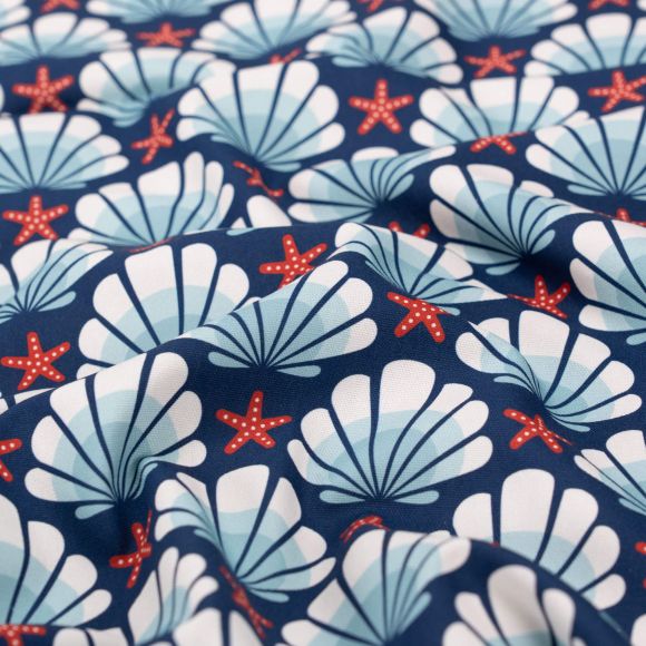 Canevas coton bio "Ocean Motion/Coquillage/Étoile de mer" (bleu foncé-offwhite/rouge) de Cloud9 Fabrics