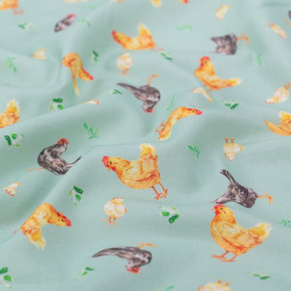 Coton cretonne "Printemps/Poules" (menthe pastel-jaune/brun)
