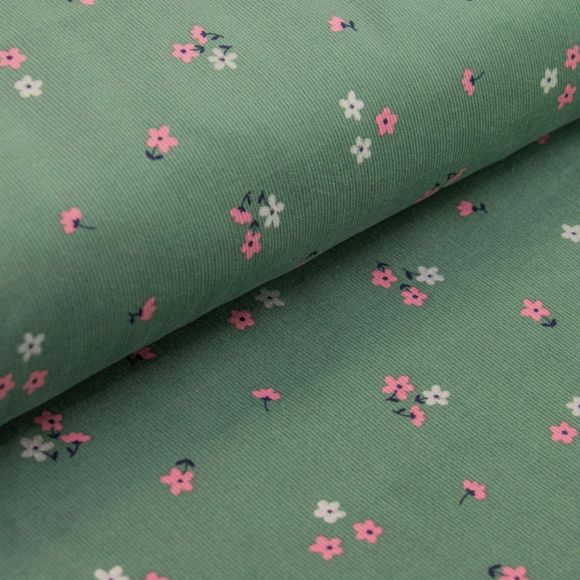 Velours côtelé milleraies en coton "Mini fleurs" (vert-rose/argenté)