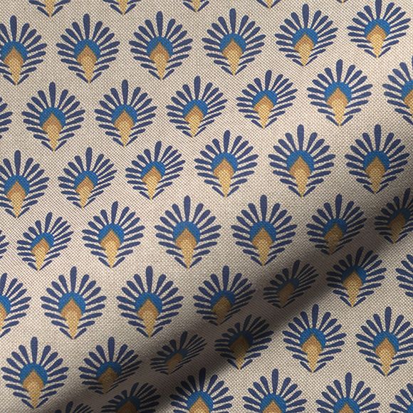 Canevas de coton "Aspect lin - Paon/Art déco" (nature-bleu/beige)
