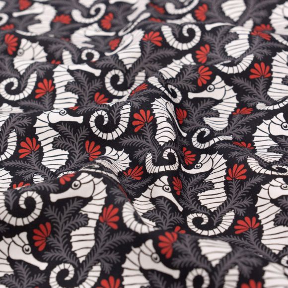 Canevas coton bio "Ocean Motion/Hippocampes" (noir-offwhite/gris/rouge) de Cloud9 Fabrics