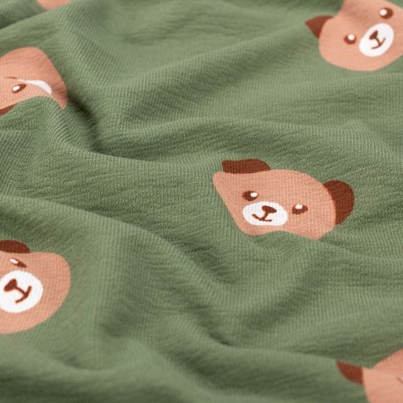 Sweat d'été crêpé / French Terry coton "Ours teddy" (vert fougère-brun/blanc)
