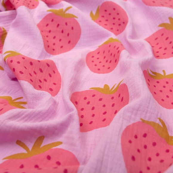 Double Gauze Baumwolle "Erdbeeren" (lila-rot)