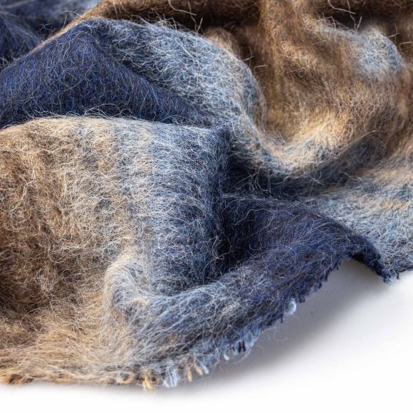 Tissu pour manteaux en laine mélangée "Alpacas andinas/rayures" (brun/bleu/gris)