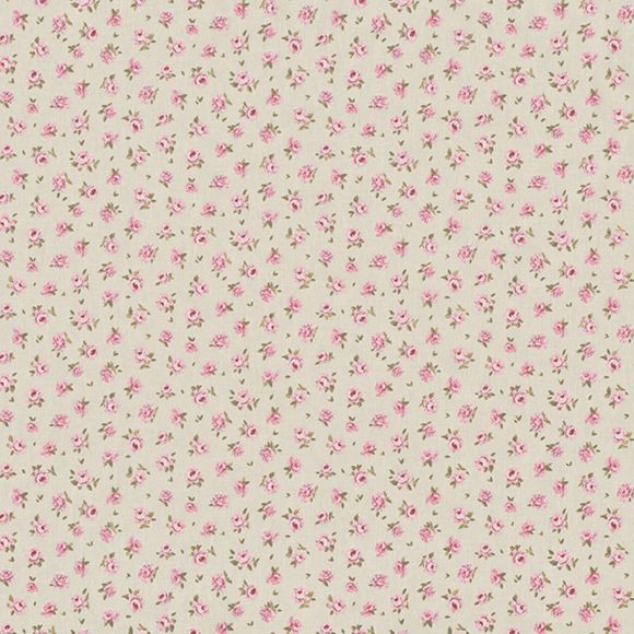 Canevas de coton - enduit "Rose romantique" (écru-rose/vert)