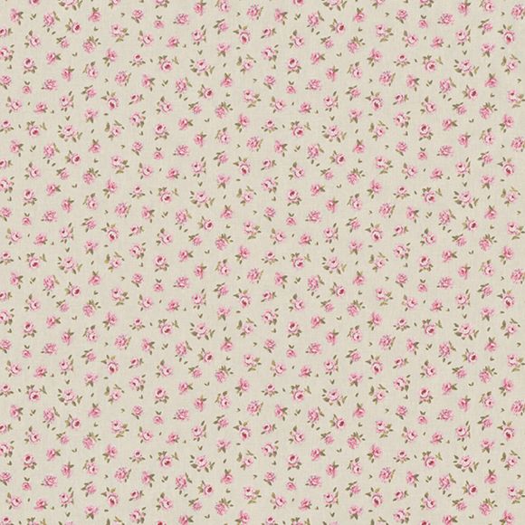 Canevas de coton - enduit "Rose romantique" (écru-rose/vert)