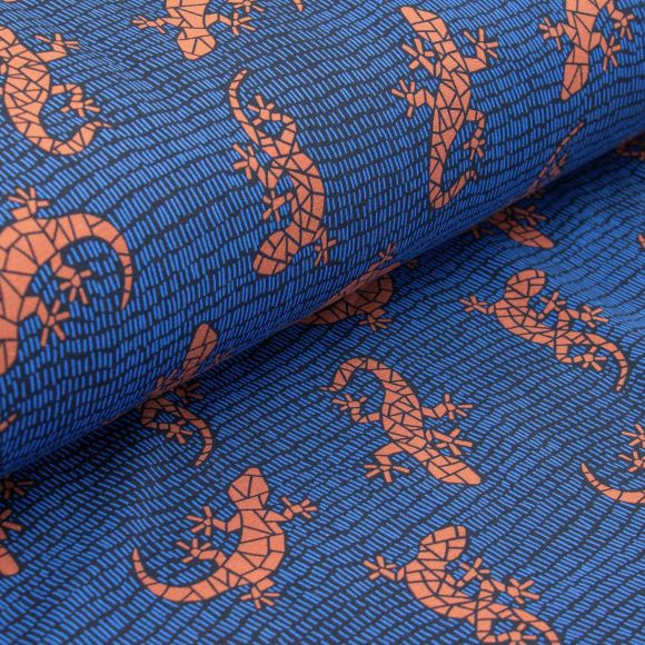 Sommersweat - Baumwolle/Modal "Gecko/Lizzards by Käselotti" (blau-rostorange/schwarz) von SWAFING