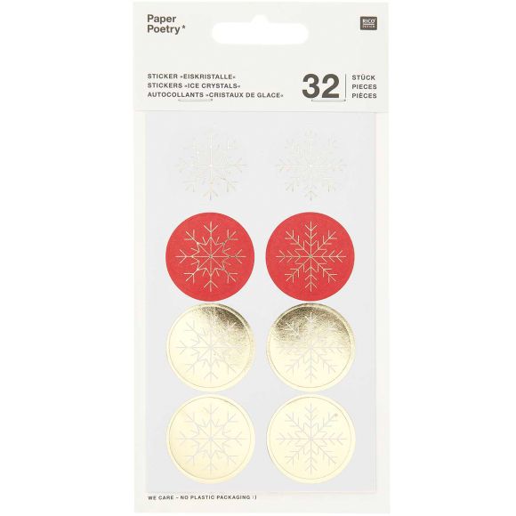 Runde Sticker "Schneeflocke", 32 Aufkleber mit Ø 30 mm Durchmesser (weiss/rot/gold), tolle Winter-Weihnachtsdeko