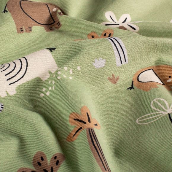 Jersey Baumwolle "Elefanten" (pastellgrün-braun/beige/grau)
