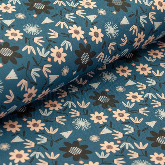 Tissu en coton "Among Flowers/fleurs" (bleu jean-rose clair/noir) de COTTON+STEEL