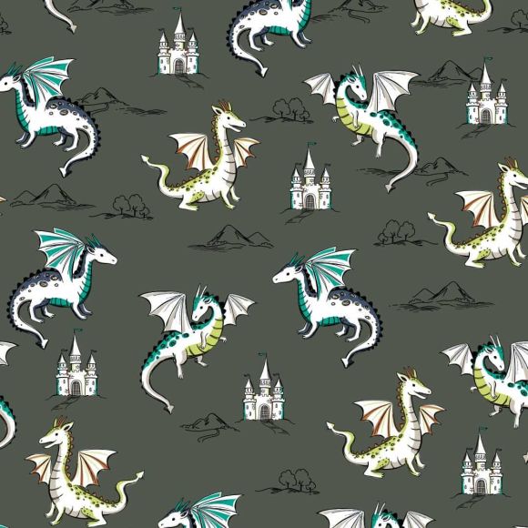 Sommersweat Baumwolle - French Terry "Drachen/Schloss" (khaki-grün/weiss)
