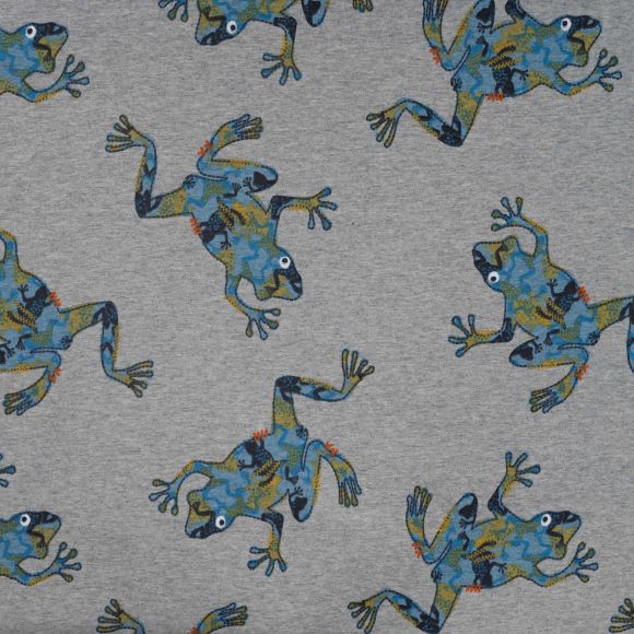Sommersweat Baumwolle - French Terry "Frösche" (hellgrau meliert-blau/gelb)
