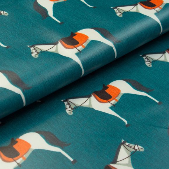 Canvas Baumwolle - beschichtet "Cheval/Pferd" (petrol-offwhite/orange) von Fryett’s Fabrics