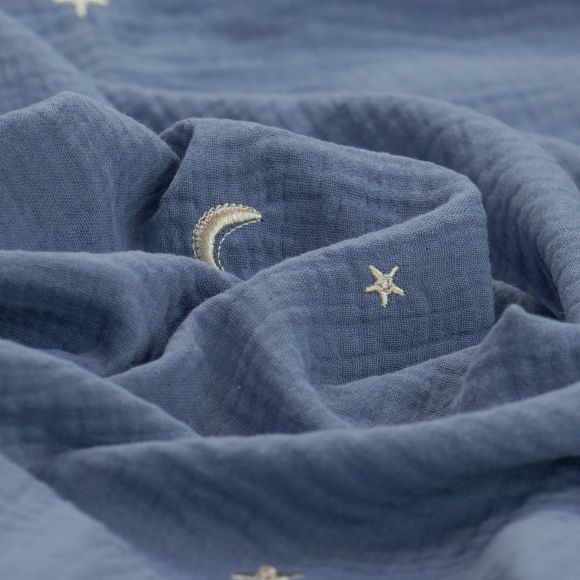 Double gaze de coton brodée "Lune/étoiles" (bleu denim-argenté)