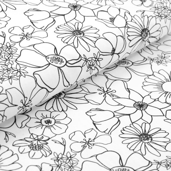 Tissu à colorier - coton "Fleurs" (blanc-noir)